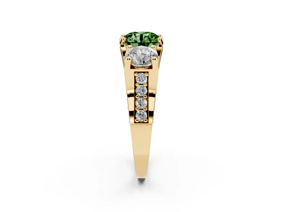 Fancy Green Round Cut Diamond Three-Stone Ring with Channel Set Band and Four-Prong Setting Yellow gold