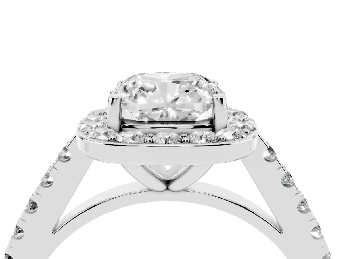 Cushion Cut Diamond Halo Ring with Round Pavé Split Shank and Prong Setting Silver