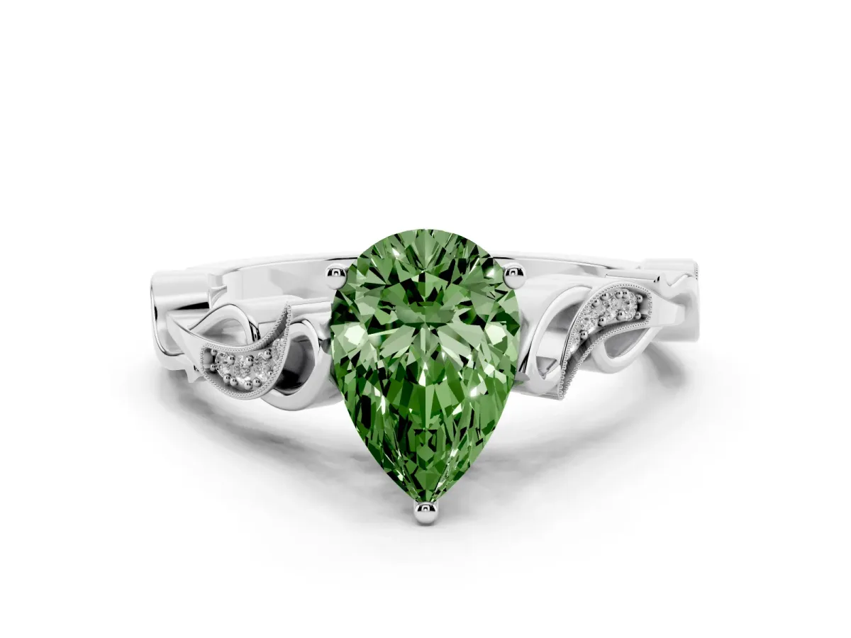 Fancy Green Pear Cut Solitaire Vine Band with Milgrain Prong Setting Silver