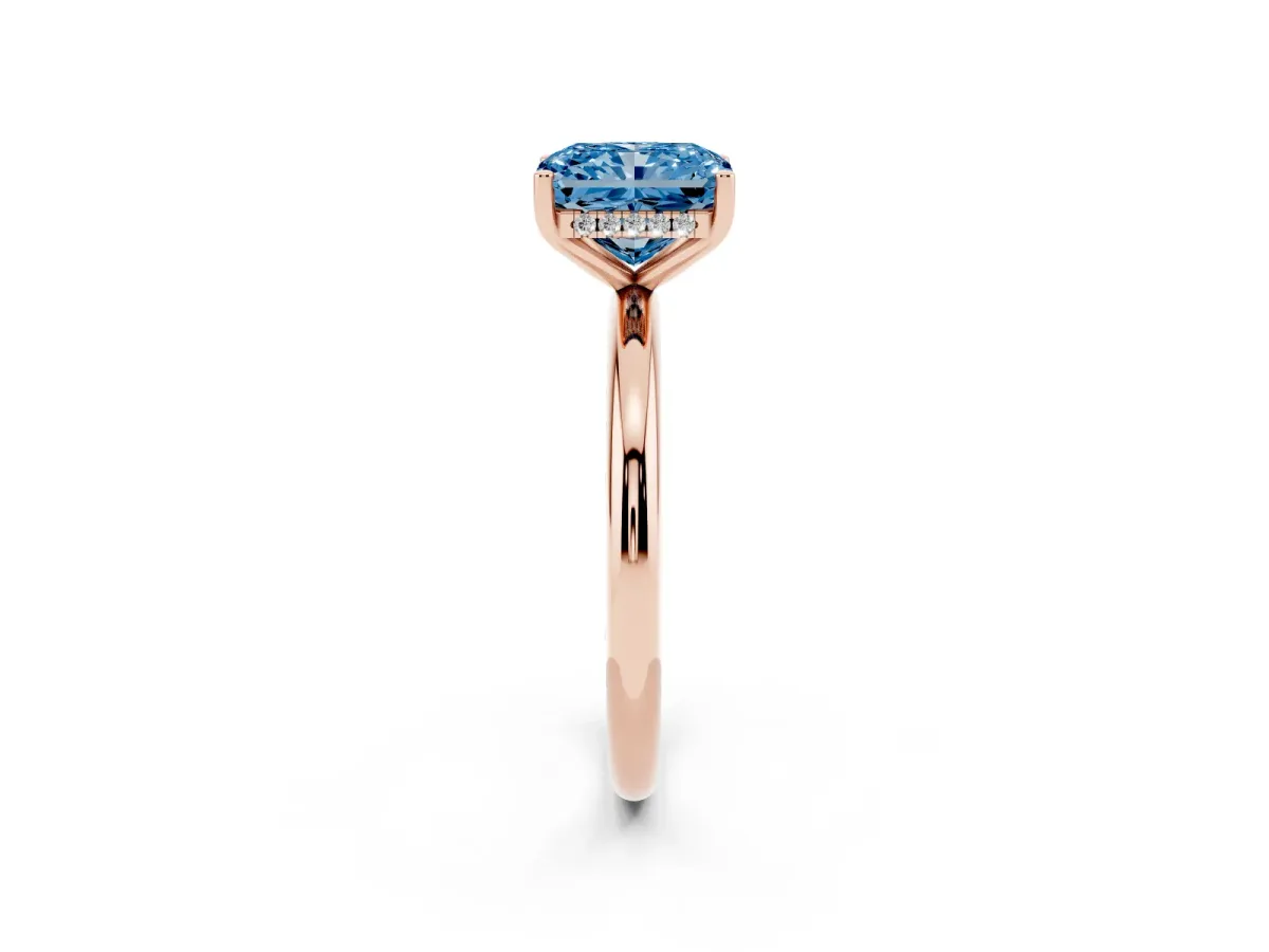 Fancy Blue Radiant Cut Cut Solitaire Engagement Ring with Four-Prong Setting and Classic Band Rose gold