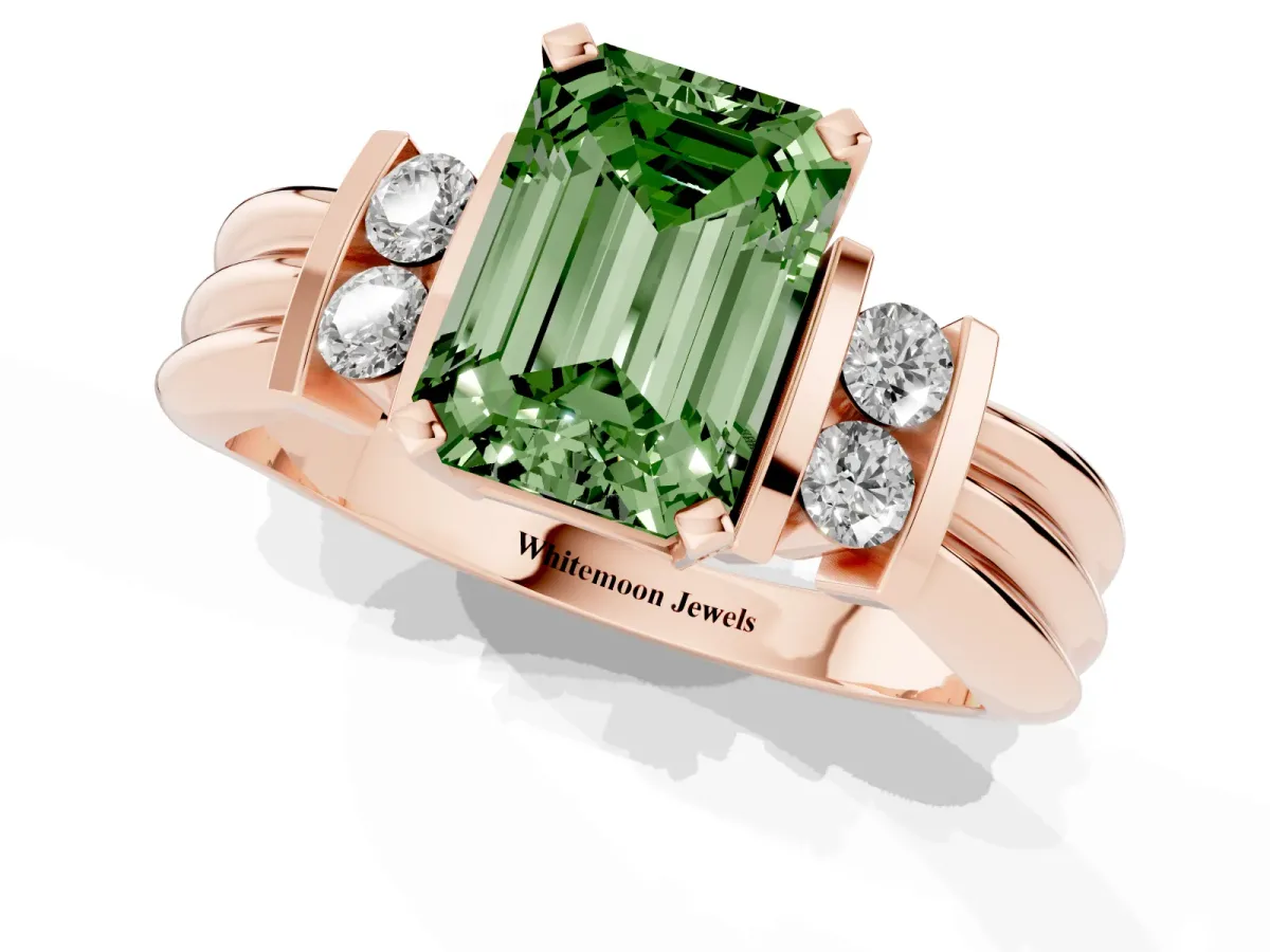 Fancy Green Emerald Cut Cut Three-Stone Channel Set Ring with Bar Prongs Rose gold