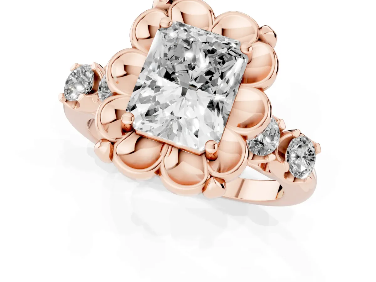 Radiant Cut Cut Diamond Floral Halo Engagement Ring with Shared Prong Setting Rose gold