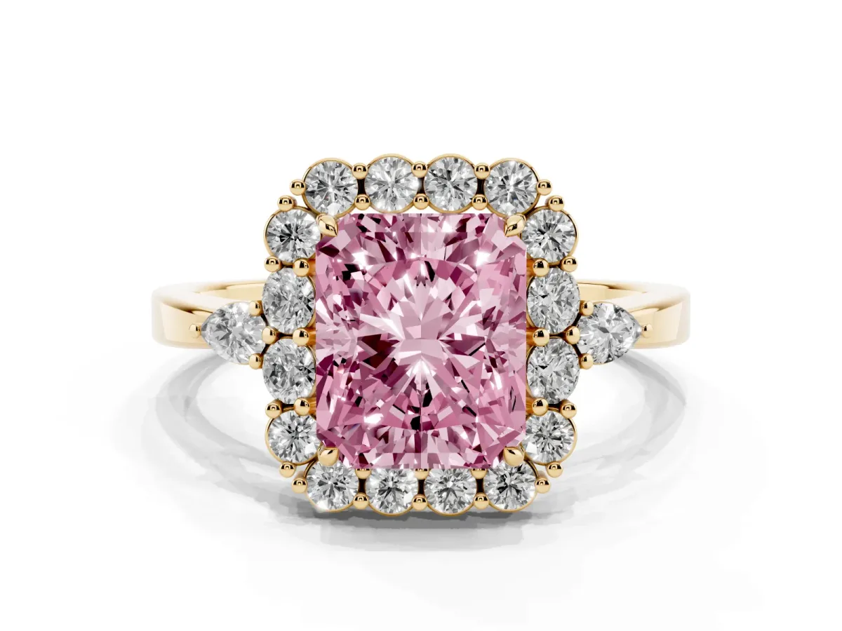 Fancy Pink Radiant Cut Diamond Halo Ring with Pear Side Stones and Prong Setting Yellow gold