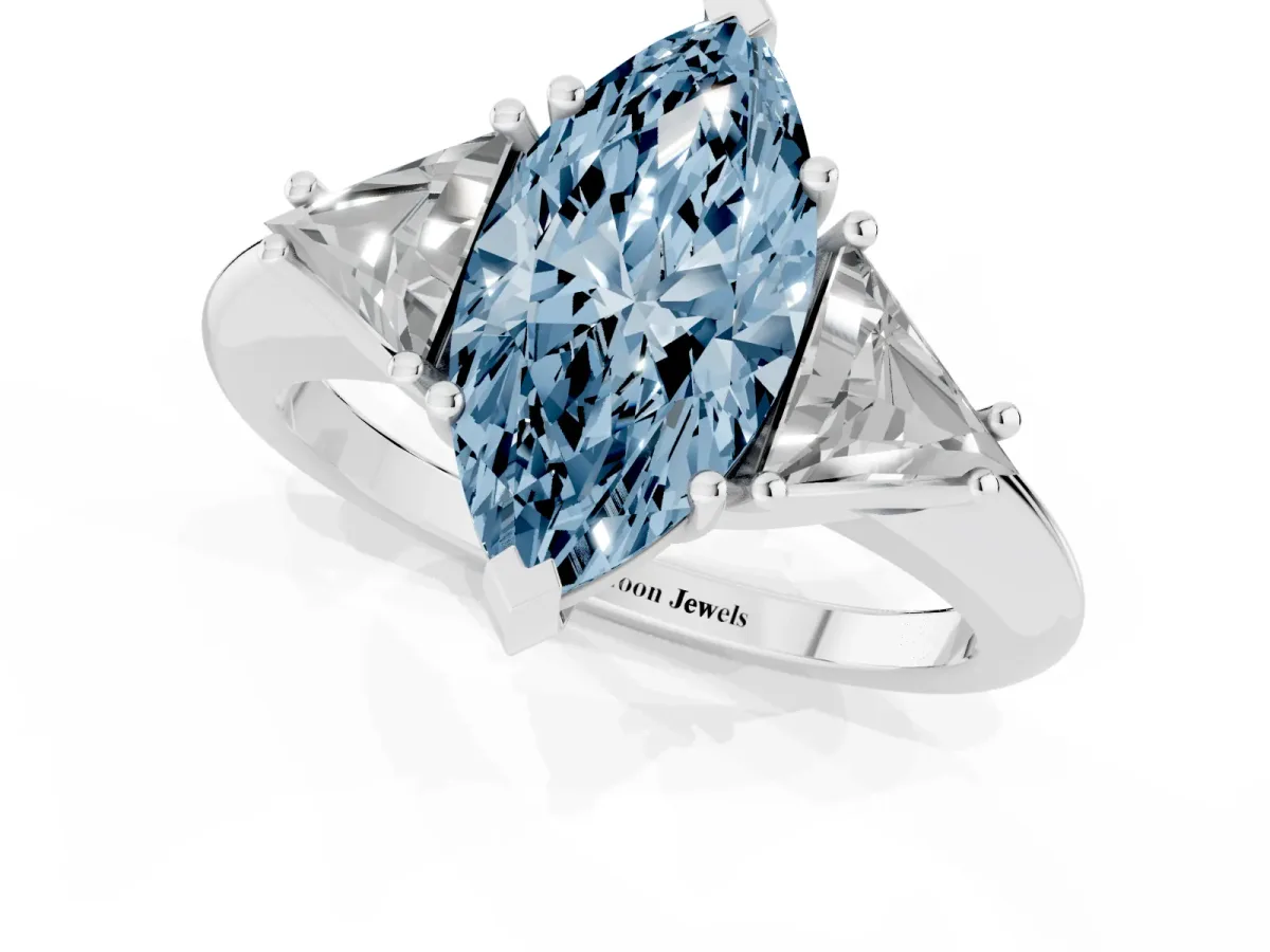 Fancy Blue Three-Stone Marquise Cut Diamond Engagement Ring with Trillion Side Stones and Prong Setting Silver