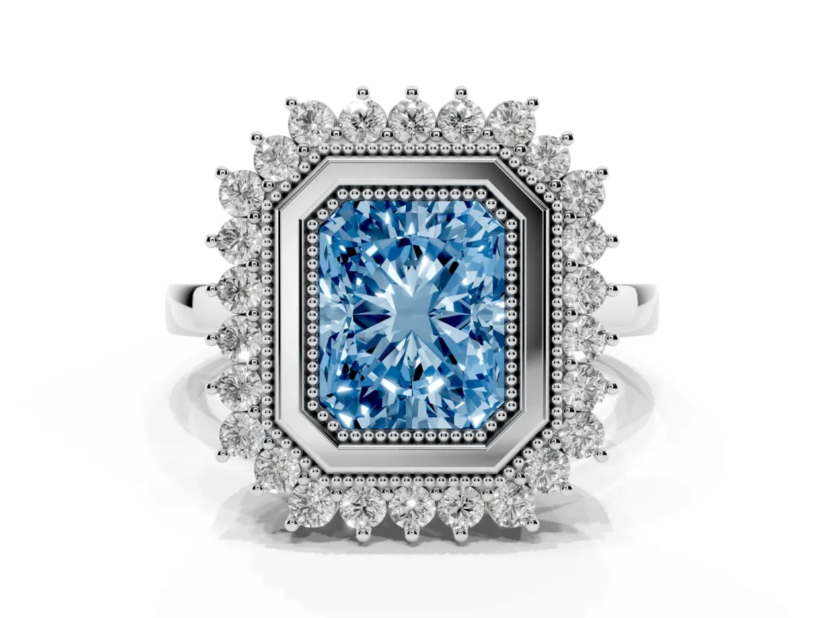 Fancy Blue Radiant Cut Halo Diamond Ring with Milgrain Edge and Round Prong Setting Silver