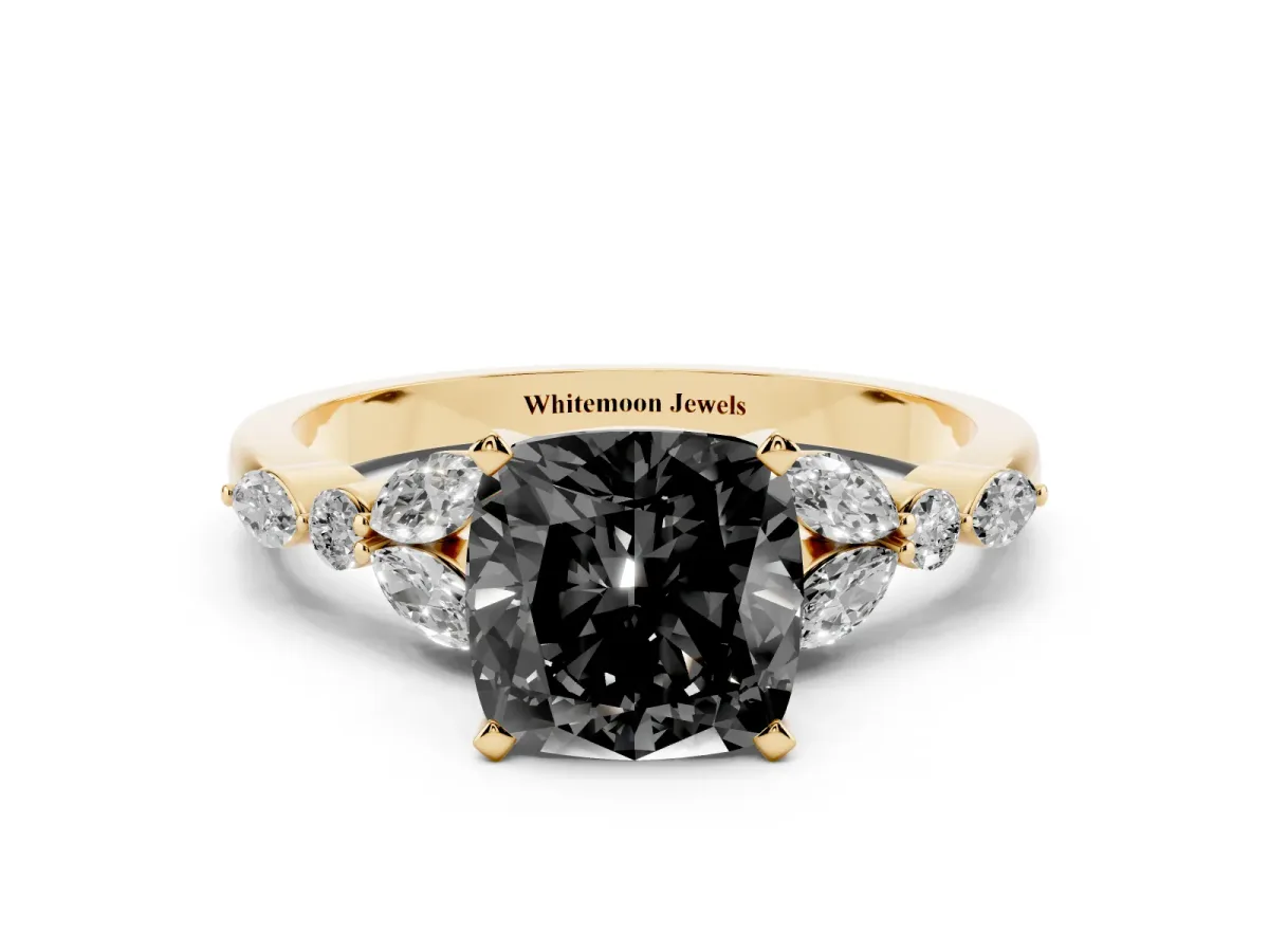 Fancy Black Cushion Cut Diamond Solitaire Ring with Side Stones and Four-Prong Setting Yellow gold