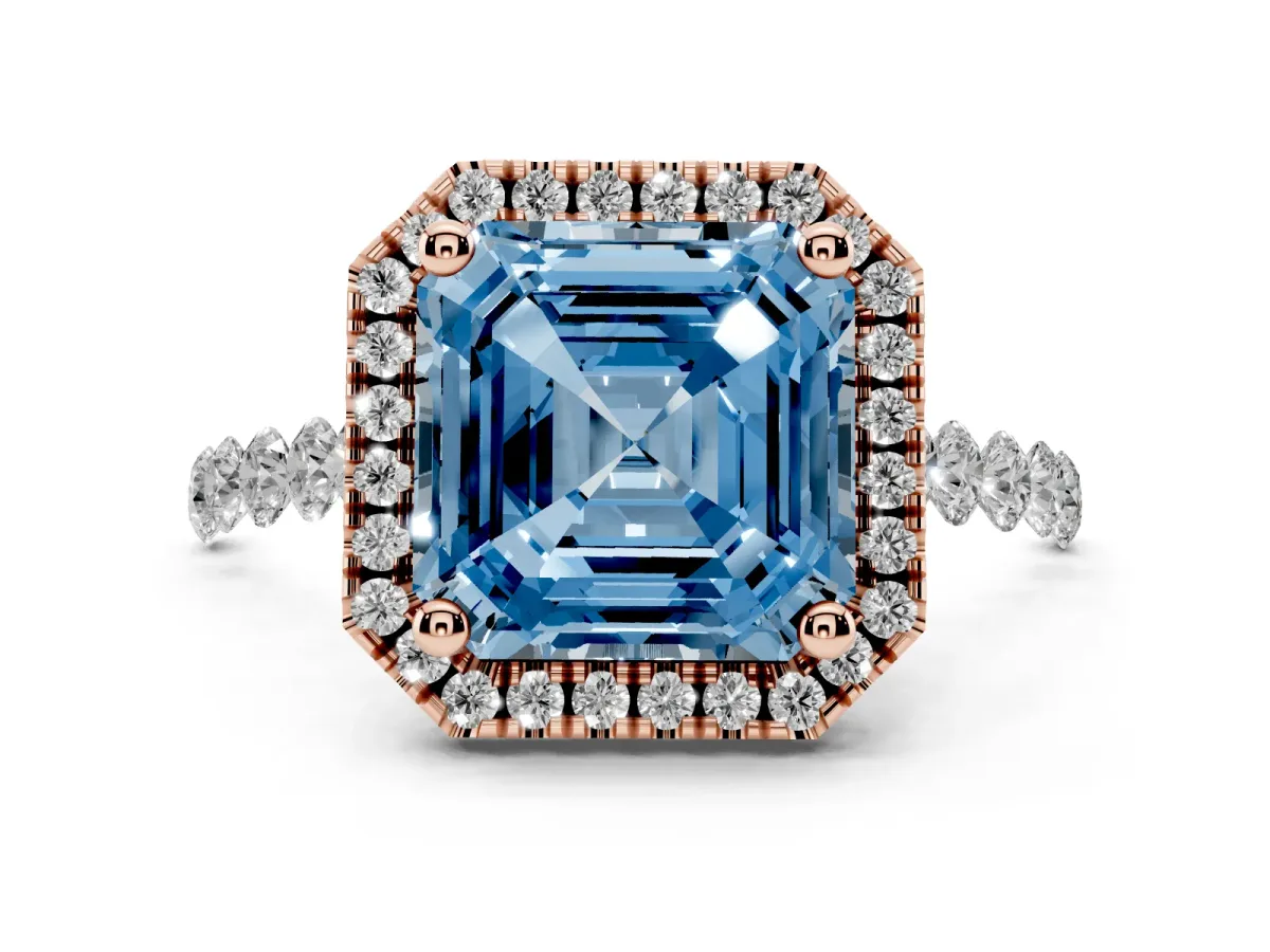 Fancy Blue Asscher Cut Halo Pavé Diamond Engagement Ring with Four-Prong Setting Rose gold