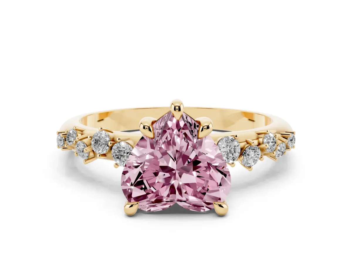 Fancy Pink Heart Cut Cut Diamond Vine Band with Four-Prong Setting Yellow gold