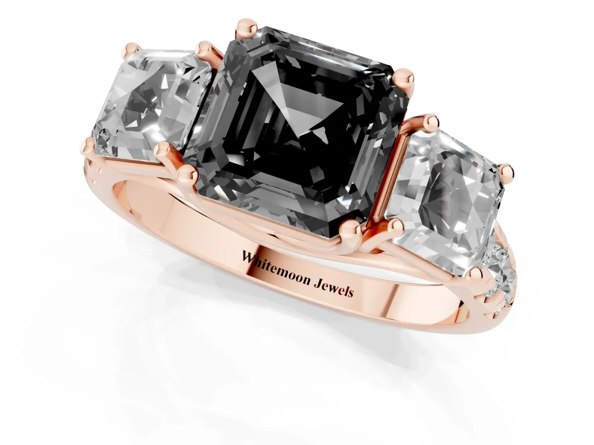Fancy Black Three-Stone Asscher Cut Diamond Pavé Band with Prong Setting Rose gold
