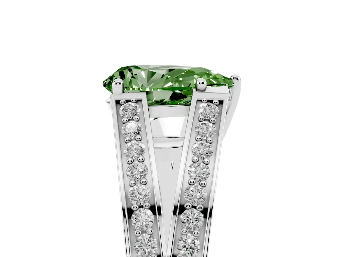Fancy Green Pear Cut Diamond Split Shank Ring with Pavé Band and Four-Prong Setting Silver