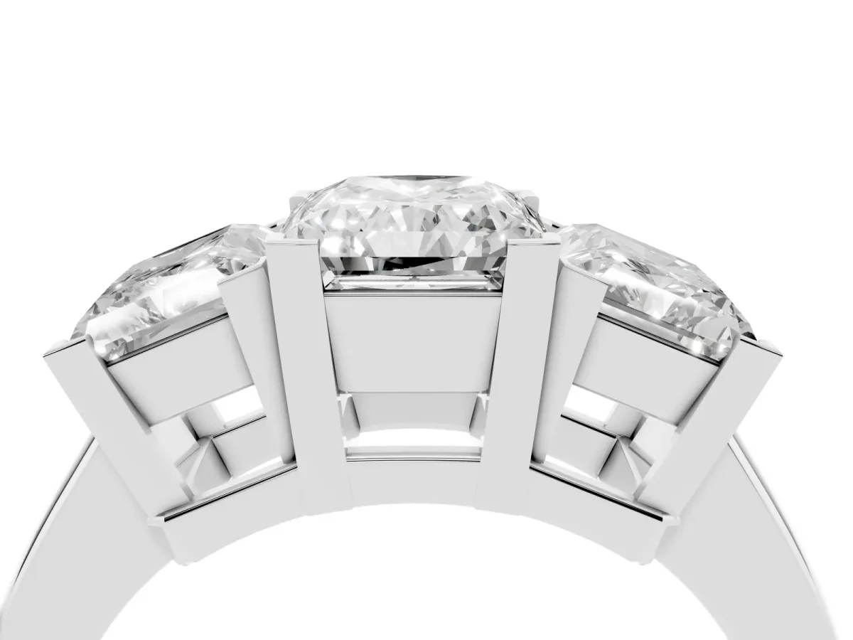 Three-Stone Radiant Cut Cut Diamond Ring with Channel Set Band and Four-Prong Setting Silver