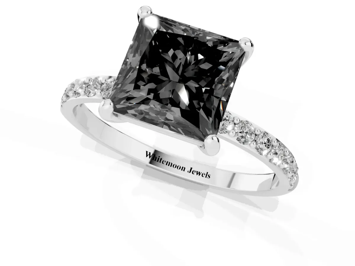 Fancy Black Princess Cut Diamond Solitaire Ring with Round Pavé Band and Prong Setting Silver