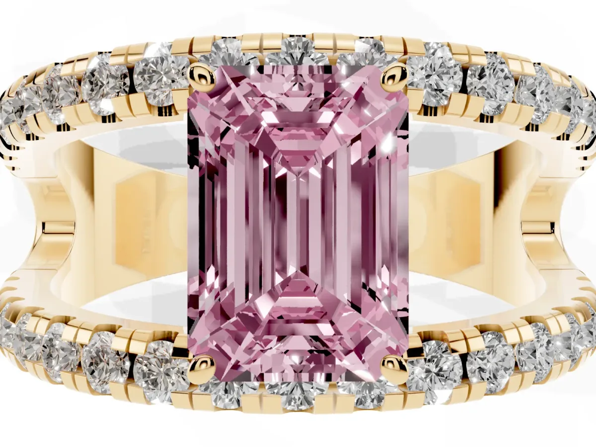 Fancy Pink Emerald Cut Solitaire Split Shank Pave Diamond Ring Yellow gold