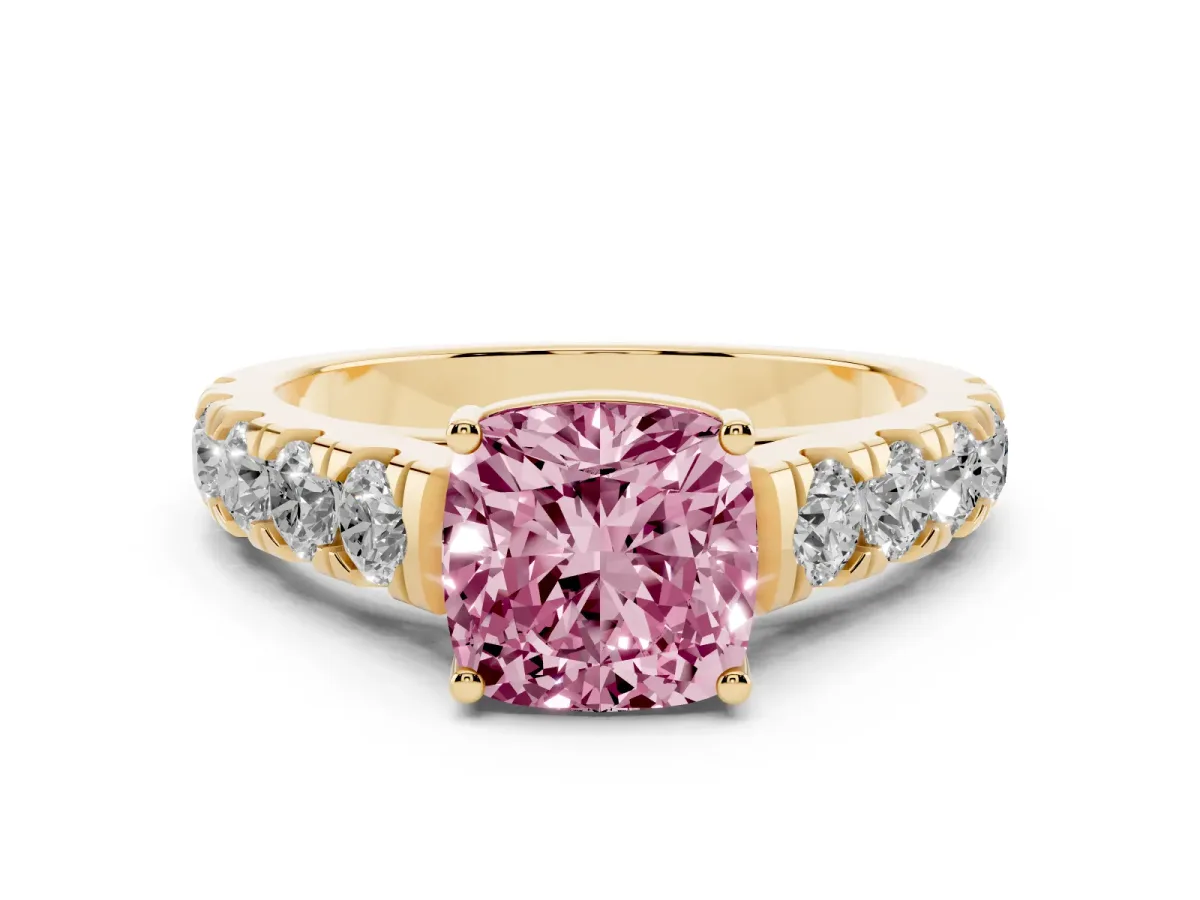 Fancy Pink Cushion Cut Cut Diamond Solitaire Ring with Micro Pave Band and Prong Setting Yellow gold