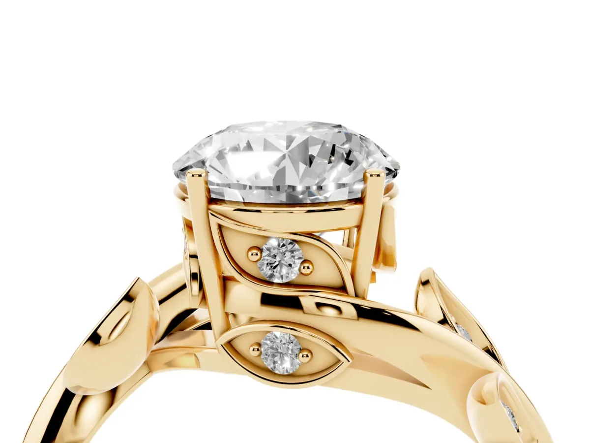 Round Cut Solitaire Twist Engagement Ring with Leaf Accents and Prong Setting Yellow gold