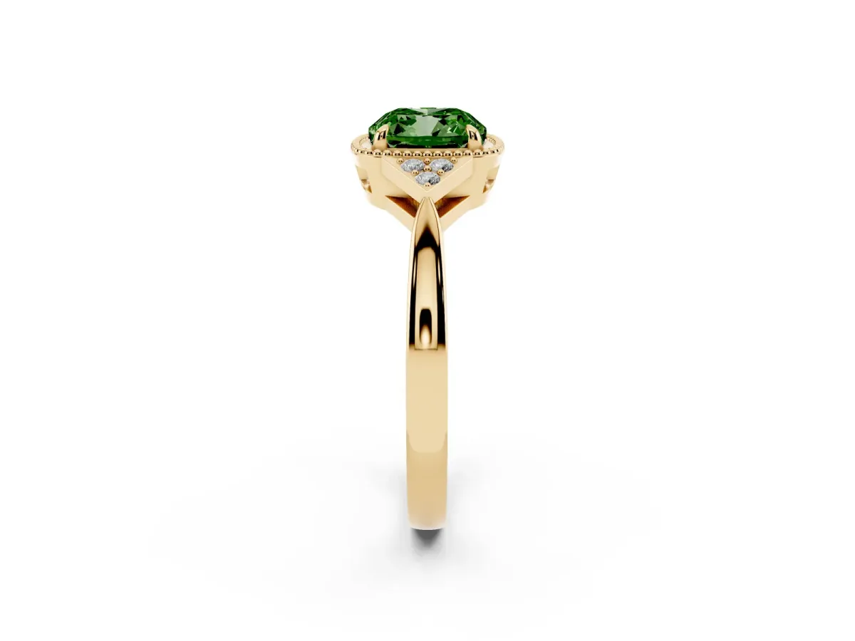 Fancy Green Hexagonal Halo Cushion Cut Diamond Solitaire with Pavé Band and Four-Prong Setting Yellow gold