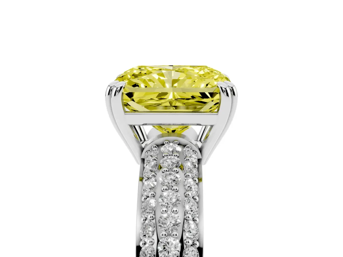 Fancy Yellow Radiant Cut Diamond Solitaire Ring with Multi-Row Round Pavé Band and Prong Setting White gold