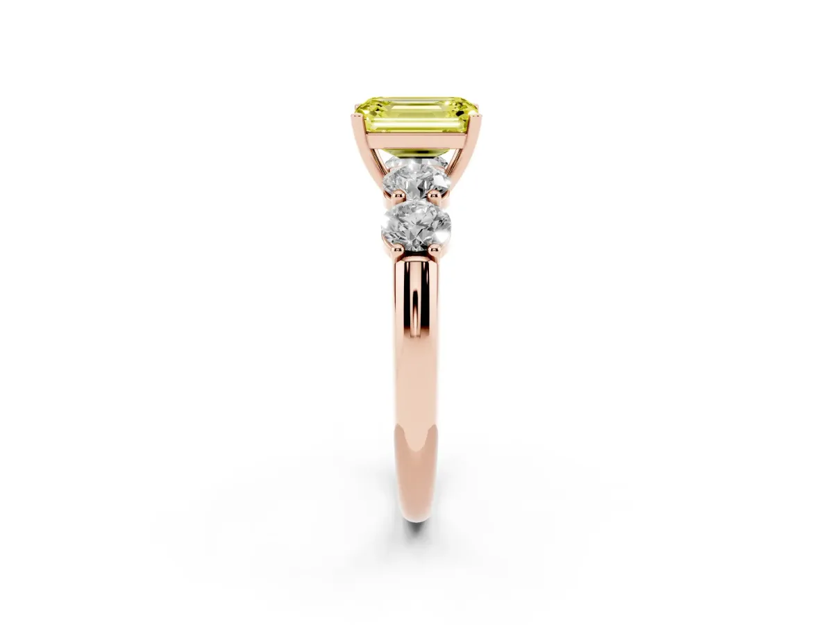 Fancy Yellow Emerald Cut Cut Five-Stone Prong Set Diamond Ring with Classic Band Rose gold