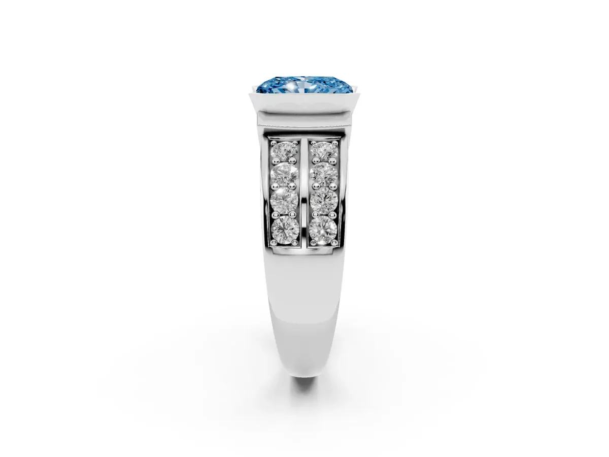 Fancy Blue Radiant Cut Brilliant Diamond Channel Set Wide Band Ring with Bezel Setting Platinum