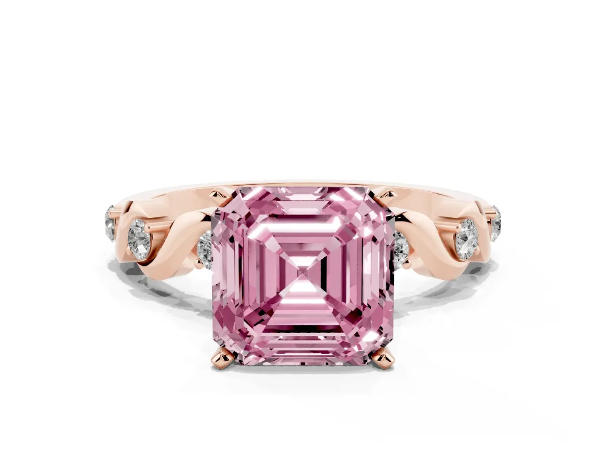 Fancy Pink Asscher Cut Diamond Solitaire Twisted Band with Round Accents and Prong Setting Rose gold