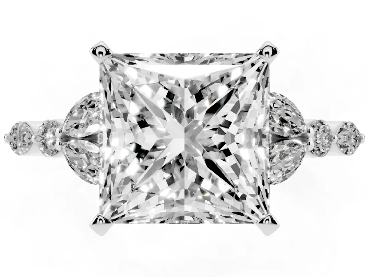 Princess Cut Diamond Solitaire Ring with Side Stones and Four-Prong Setting Platinum