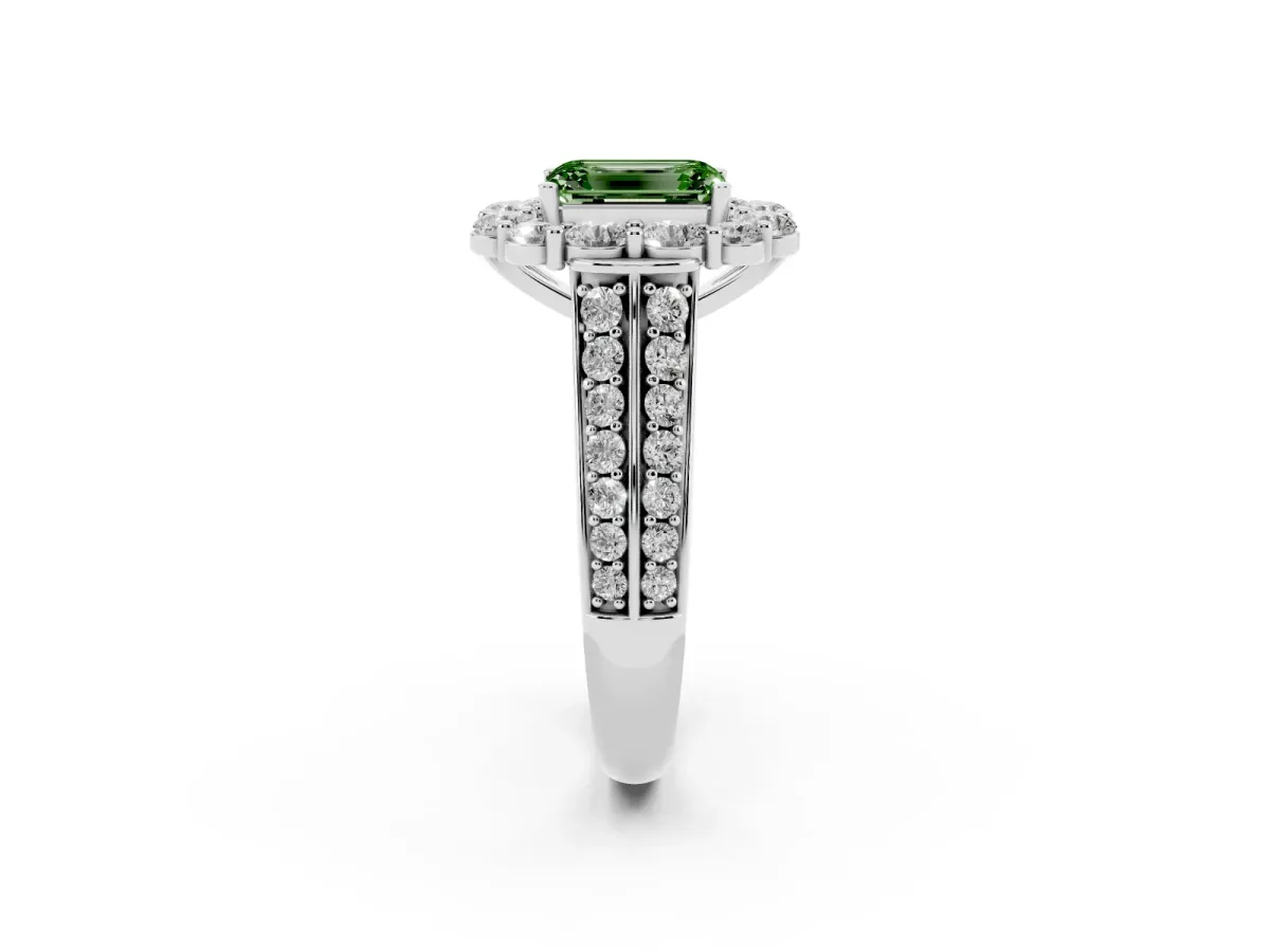 Fancy Green Emerald Cut Halo Diamond Engagement Ring with Split Shank and Prong Setting Silver