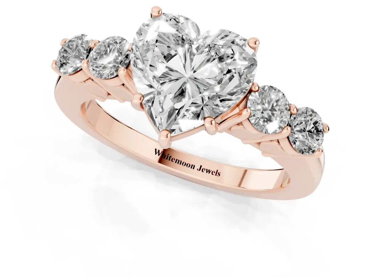 Heart Cut Cut Diamond Five-Stone Prong Set White Gold Ring Rose gold