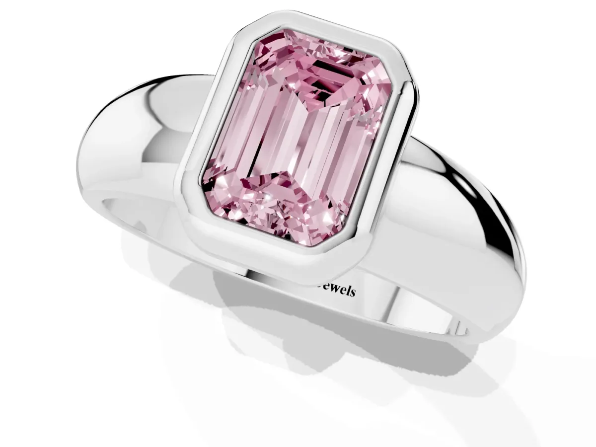 Fancy Pink Bezel Set Emerald Cut Solitaire Ring with Wide Band White gold