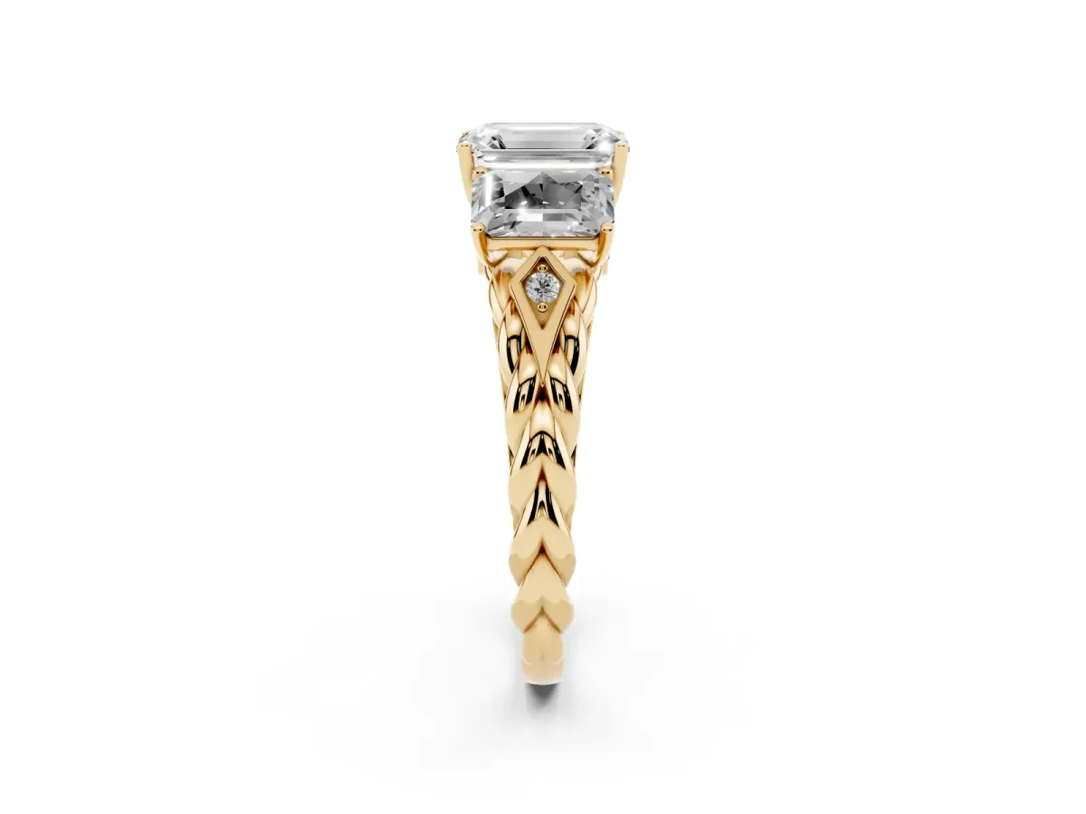 Three-Stone Radiant Cut Diamond Braided Band Ring with Four-Prong Setting Yellow gold