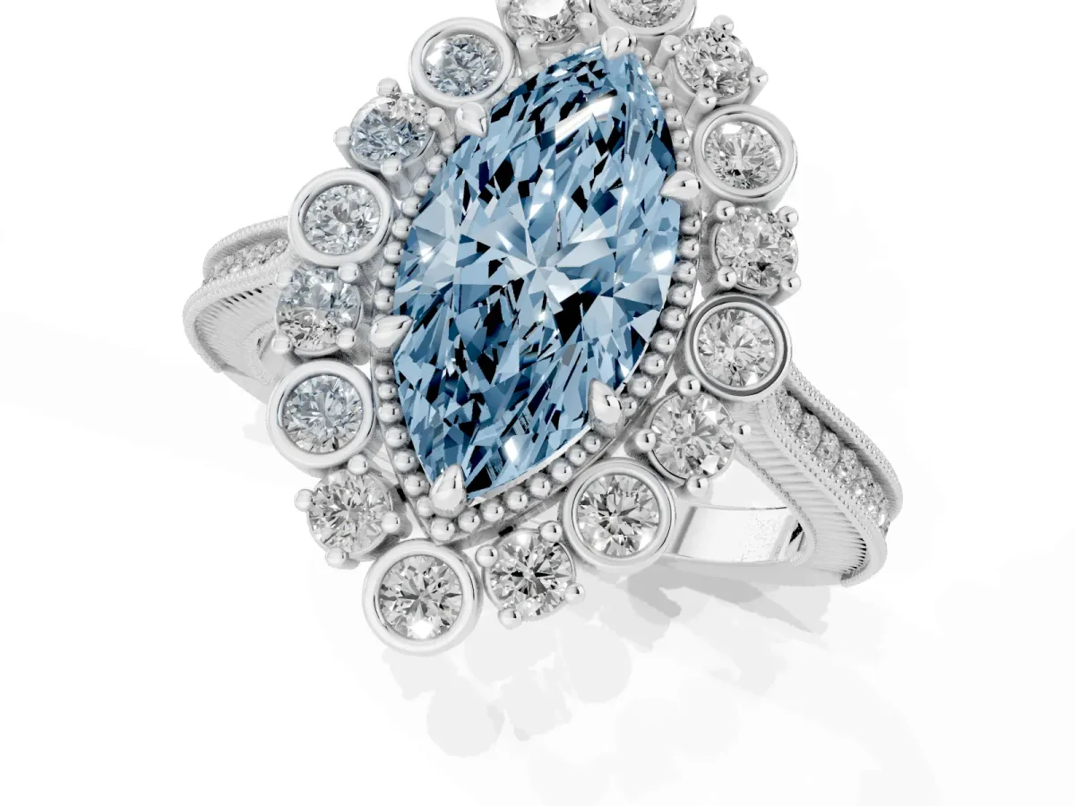 Fancy Blue Marquise Cut Halo Milgrain Pave Diamond Ring with Four-Prong Setting White gold