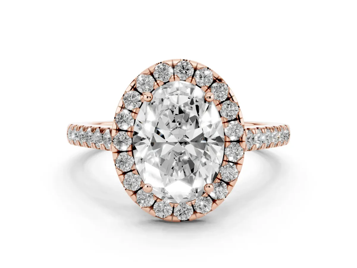 Oval Cut Halo Pave Diamond Engagement Ring with Four-Prong Setting Rose gold