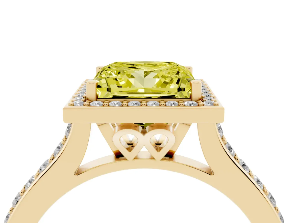 Fancy Yellow Princess Cut Diamond Halo Engagement Ring with Round Pavé Shoulders and Prong Setting Yellow gold