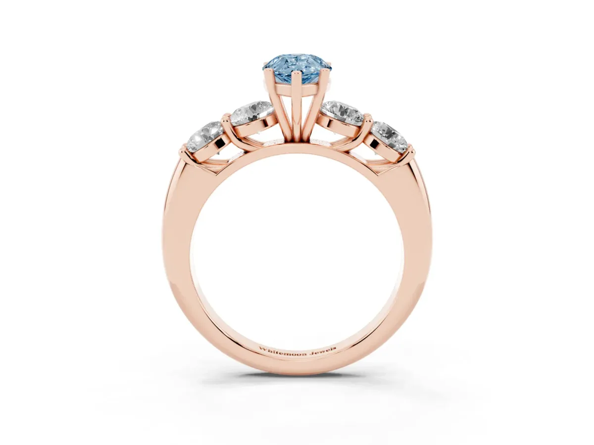 Fancy Blue Pear Cut Cut Five-Stone Prong Set Diamond Ring with Classic Band Rose gold