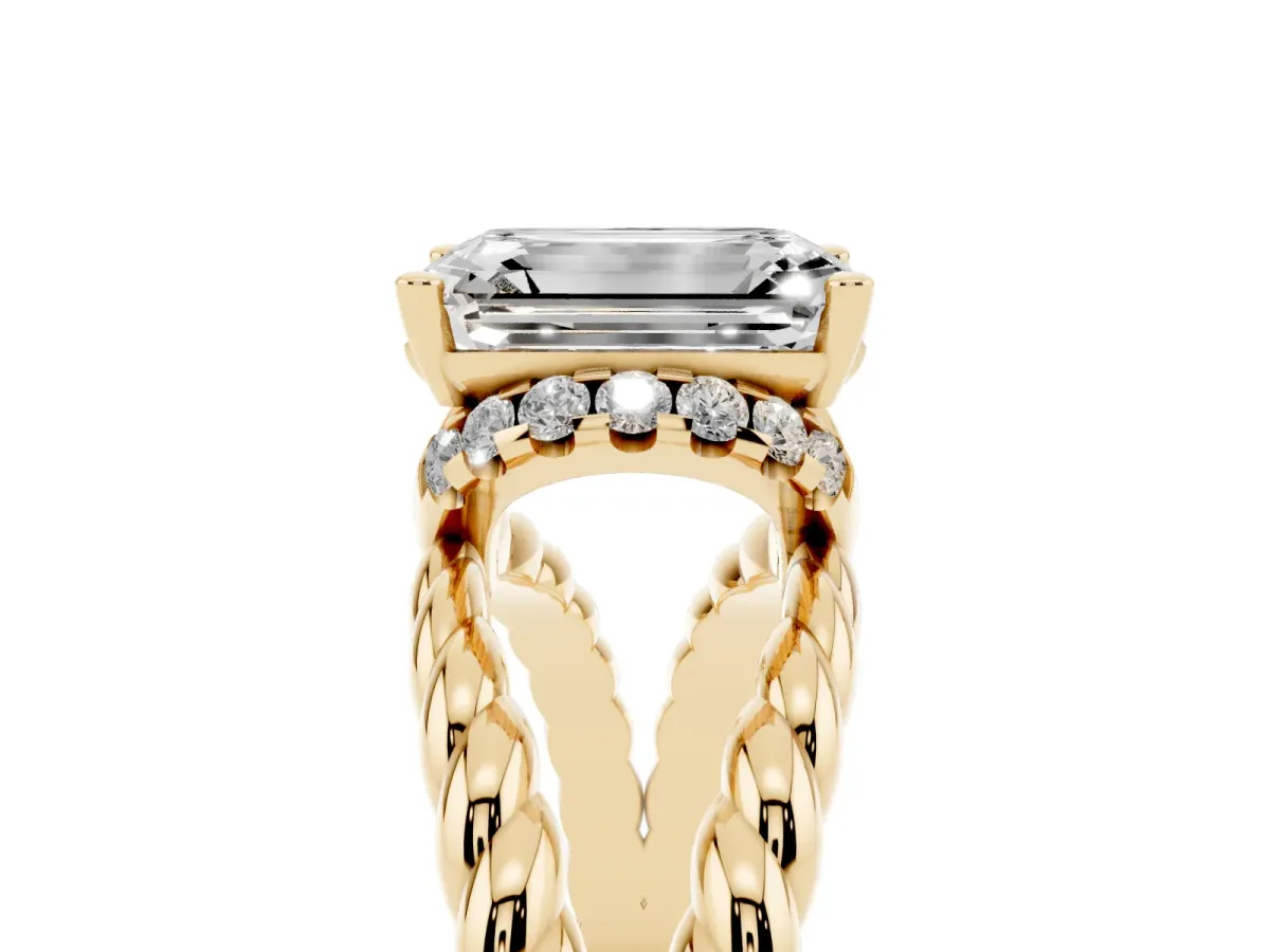 Emerald Cut Halo Twisted Band Four-Prong Ring Yellow gold