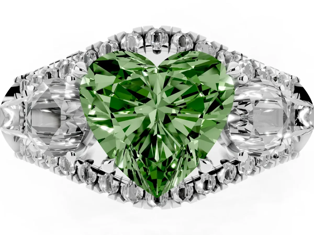 Fancy Green Three-Stone Heart Cut Diamond Engagement Ring with Pave Band and Prong Setting Silver