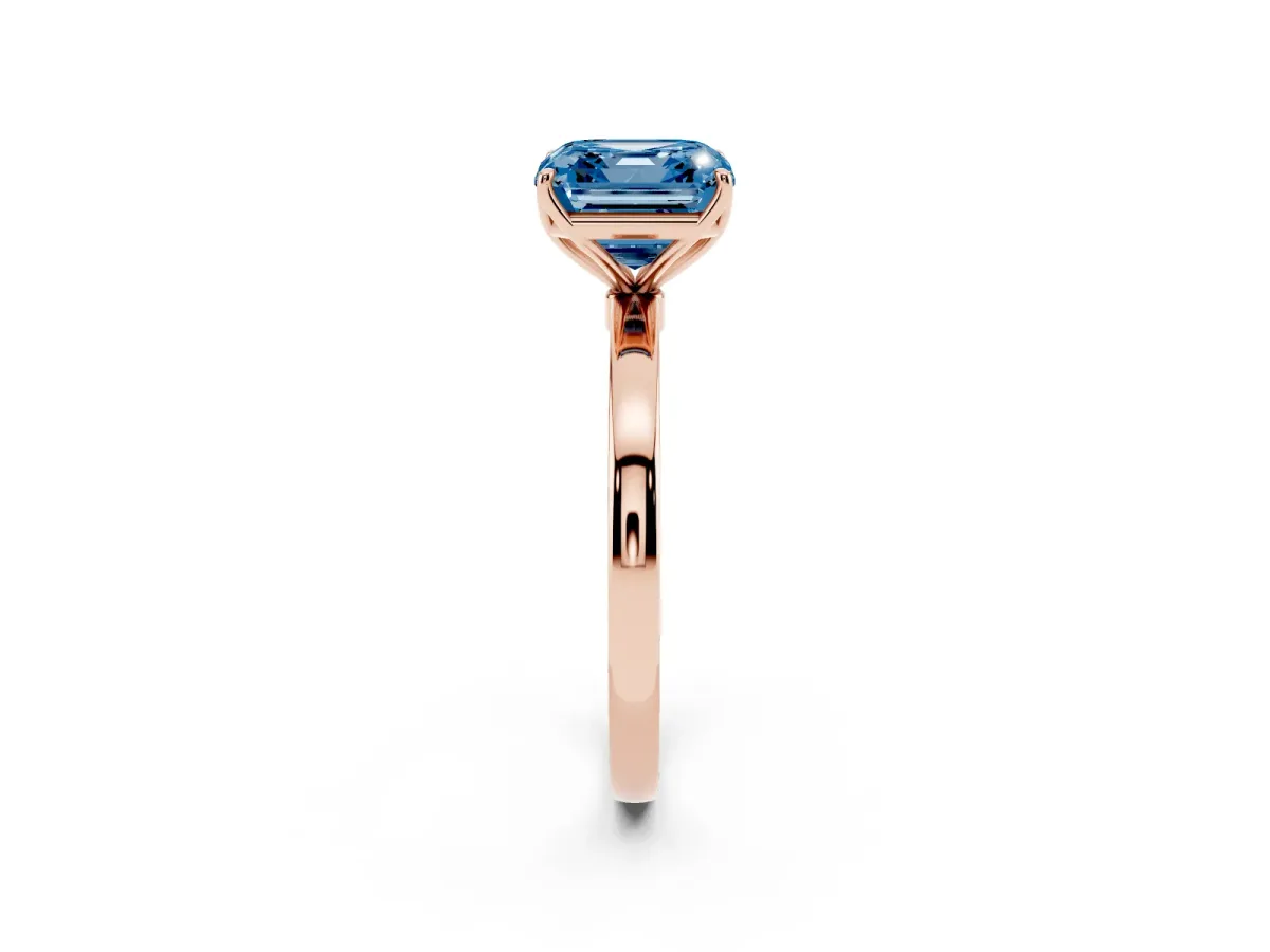 Fancy Blue Asscher Cut Diamond Solitaire Ring with Thin Band and Prong Setting Rose gold