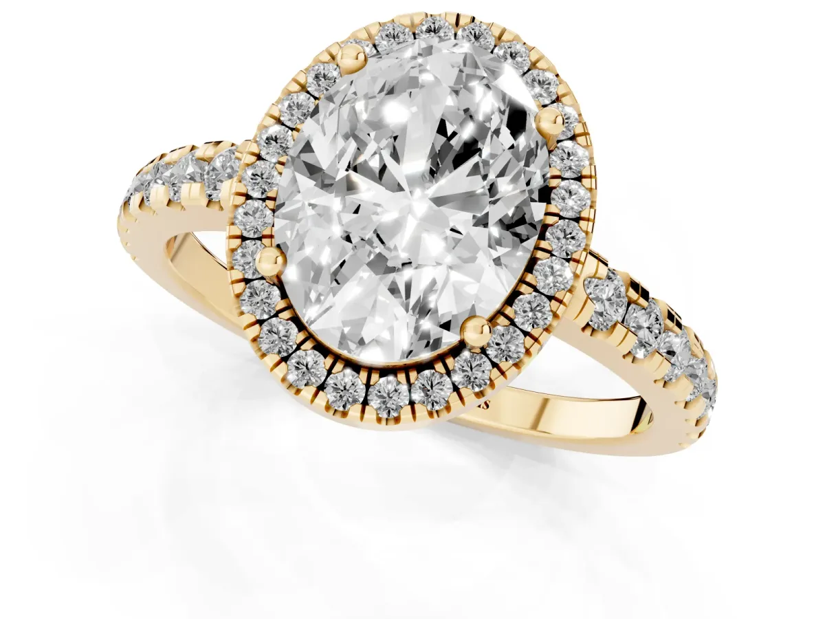 Oval Cut Diamond Halo Ring with Pavé Band and Four-Prong Setting Yellow gold