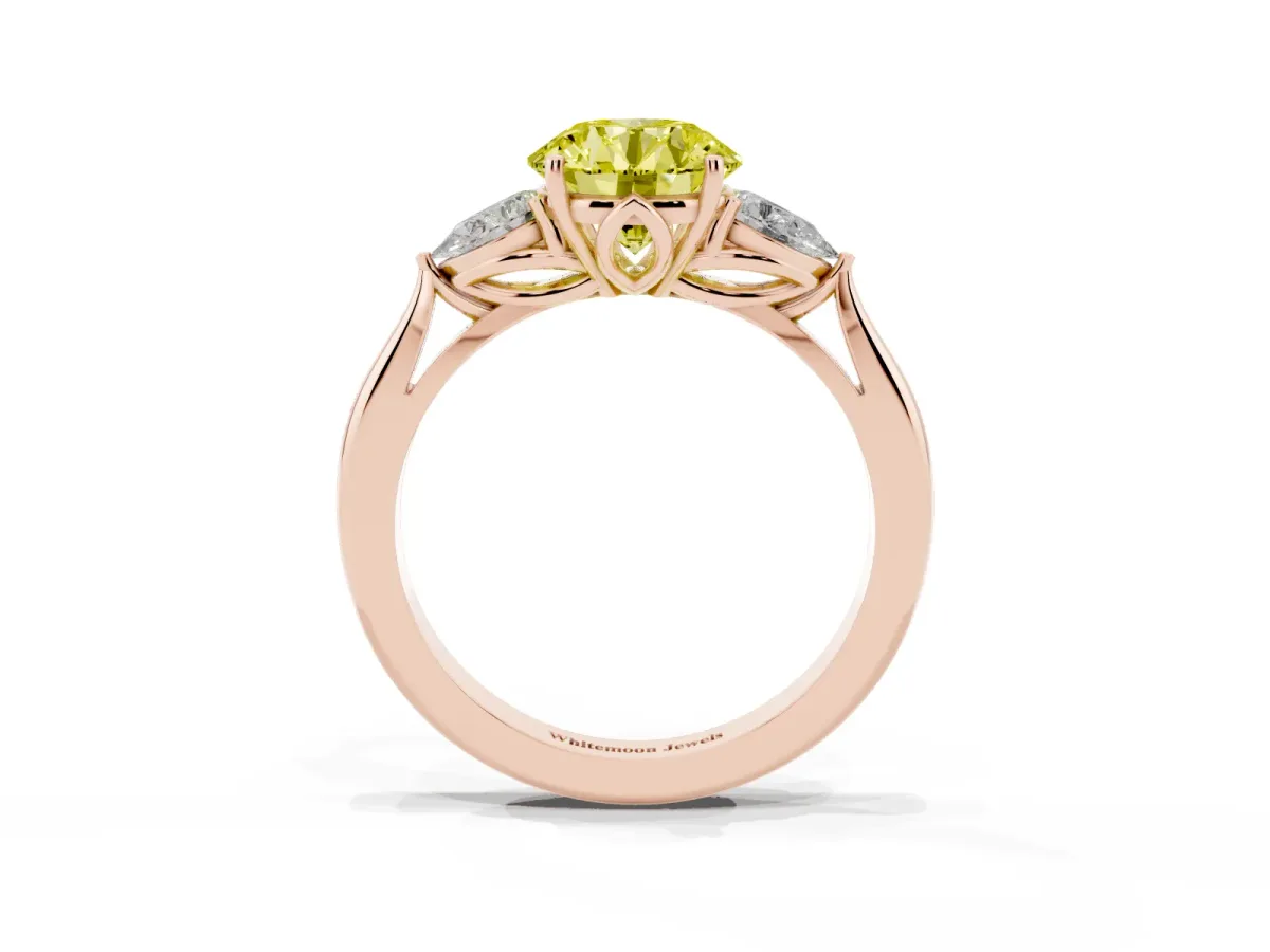 Fancy Yellow Three-Stone Round Cut Diamond Ring with Pear Side Stones in Four-Prong Setting Rose gold