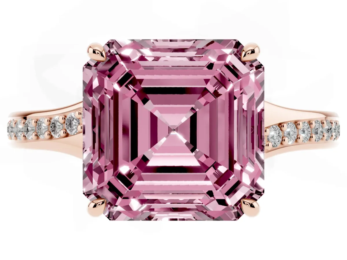 Fancy Pink Asscher Cut Diamond Solitaire Ring with Pavé Band and Prong Setting Rose gold