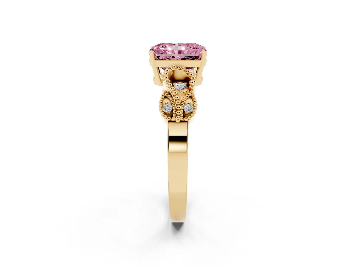 Fancy Pink Radiant Cut Solitaire Milgrain Leaf Band with Prong Setting Yellow gold