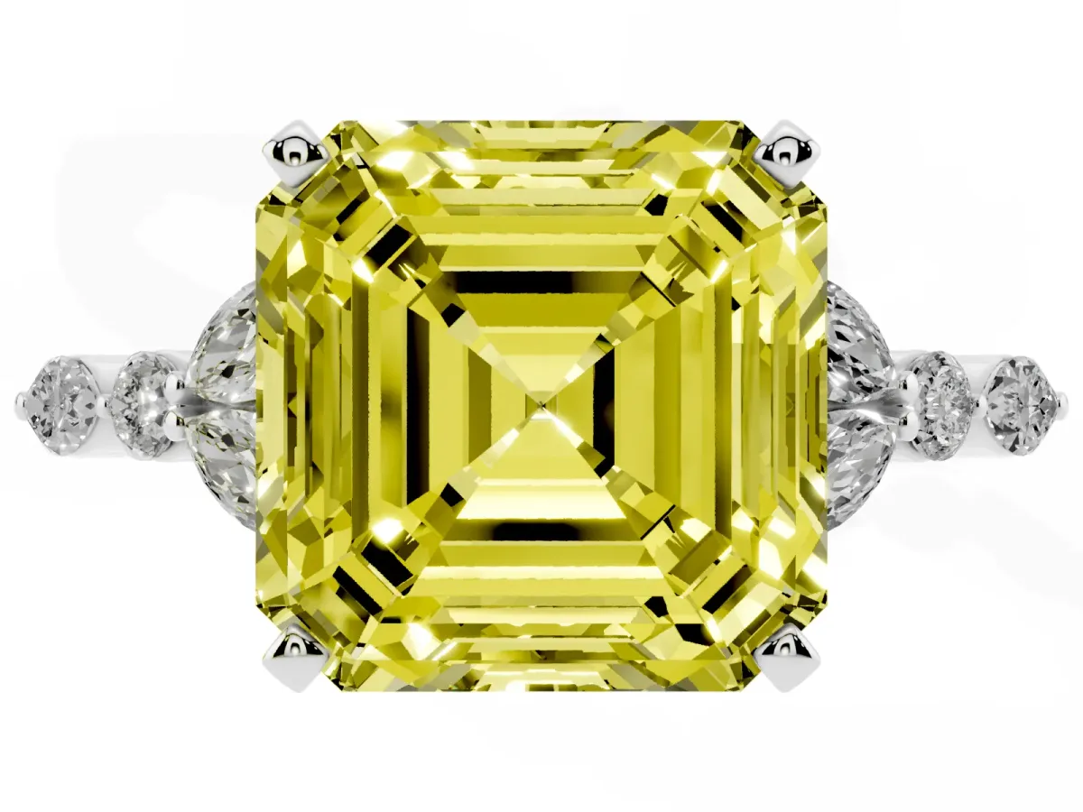 Fancy Yellow Asscher Cut Diamond Solitaire Ring with Side Stones and Four-Prong Setting Silver