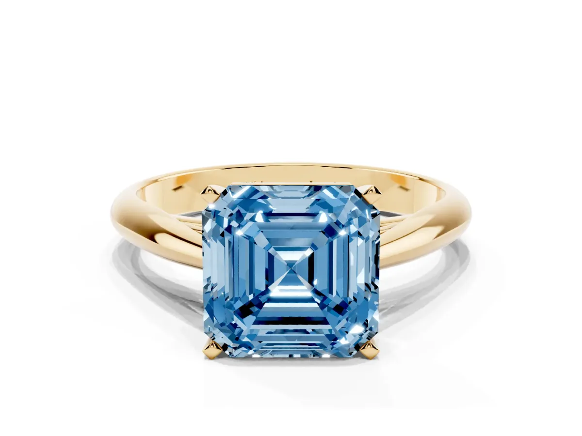 Fancy Blue Asscher Cut Diamond Solitaire Engagement Ring with Cathedral Setting and Four-Prong Mount Yellow gold