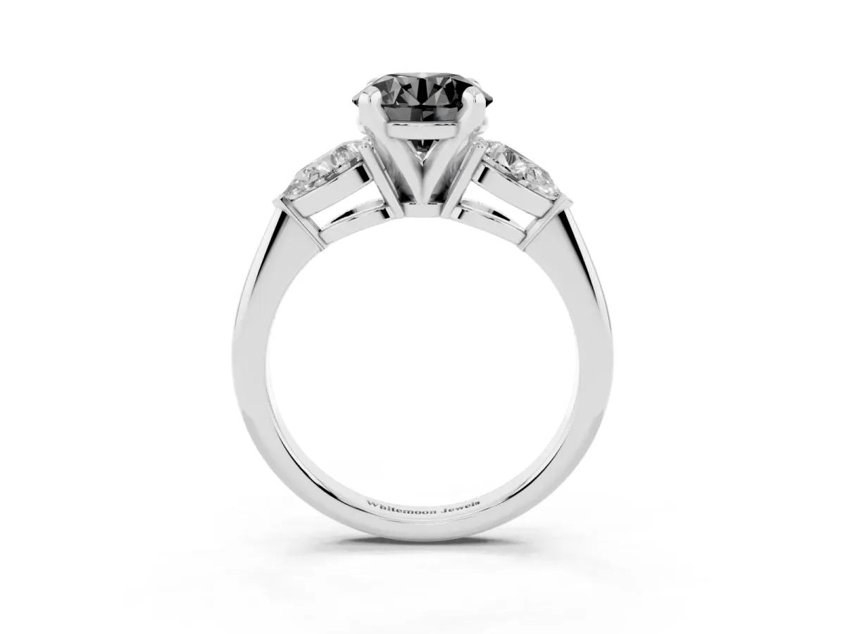 Fancy Black Three-Stone Round Cut Diamond Ring with Pear Side Stones and Four-Prong Setting Silver