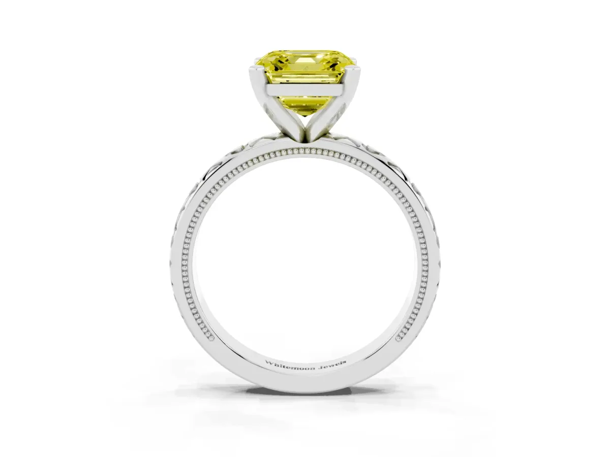 Fancy Yellow Asscher Cut Solitaire Diamond Engagement Ring with XO Engraved Band and Four-Prong Setting Platinum