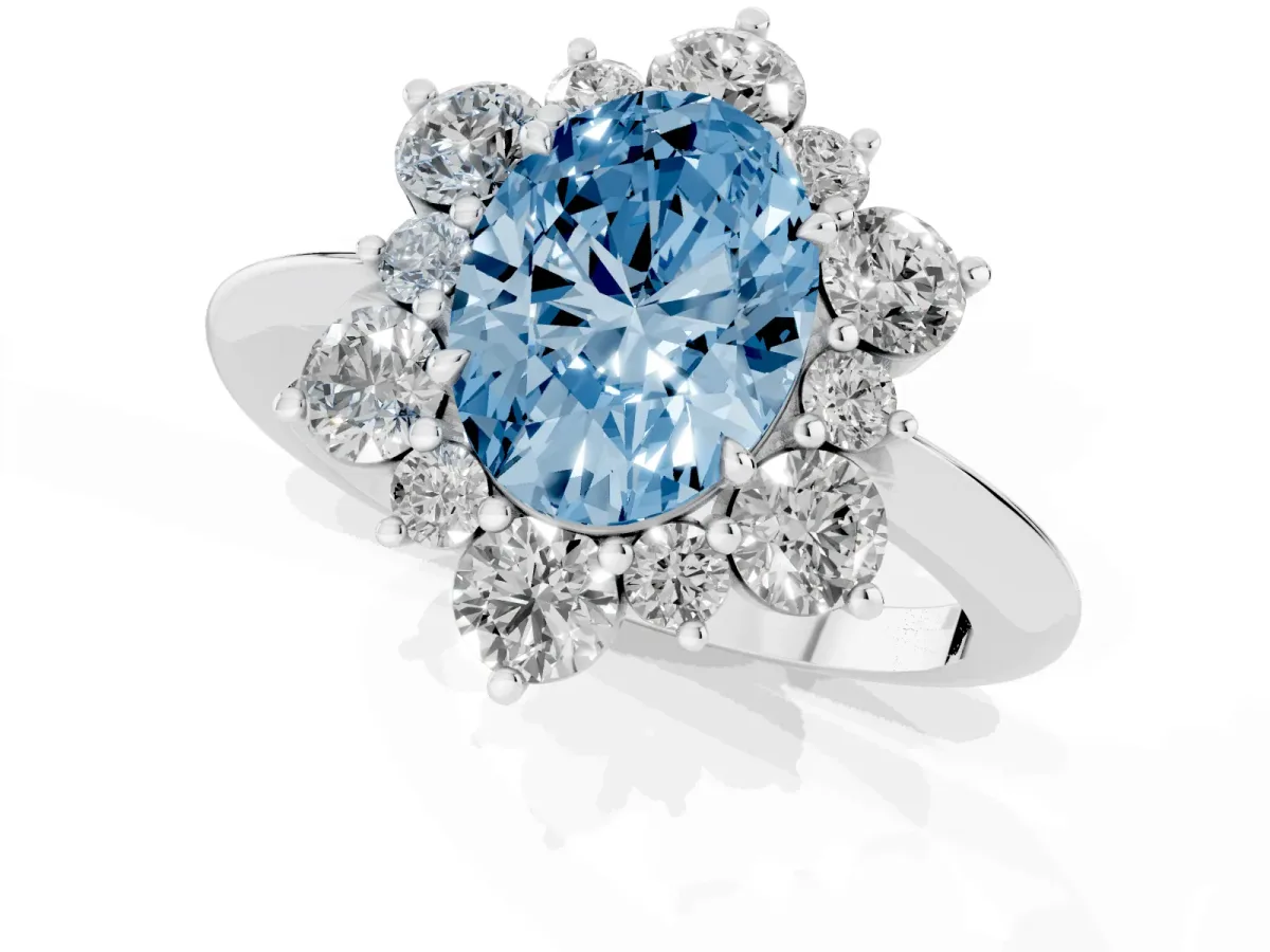 Fancy Blue Oval Cut Diamond Cluster Halo Ring with Solitaire Band and Four-Prong Setting Silver