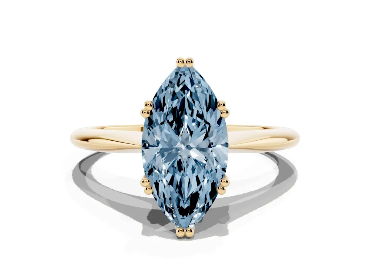 Fancy Blue Marquise Cut Solitaire Diamond Ring with Six-Prong Setting and Classic Band Yellow gold