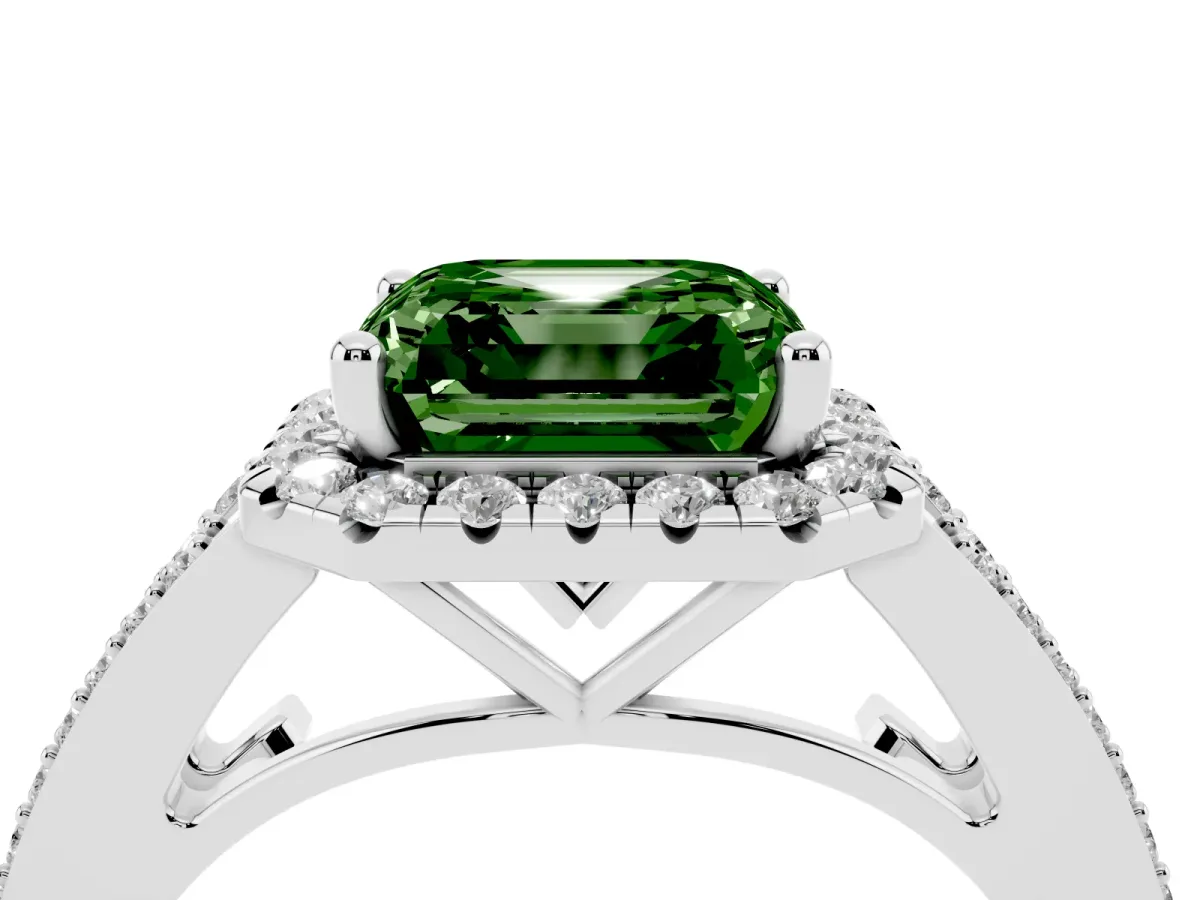 Fancy Green Asscher Cut Halo Split Shank Diamond Ring with Prong Setting Silver