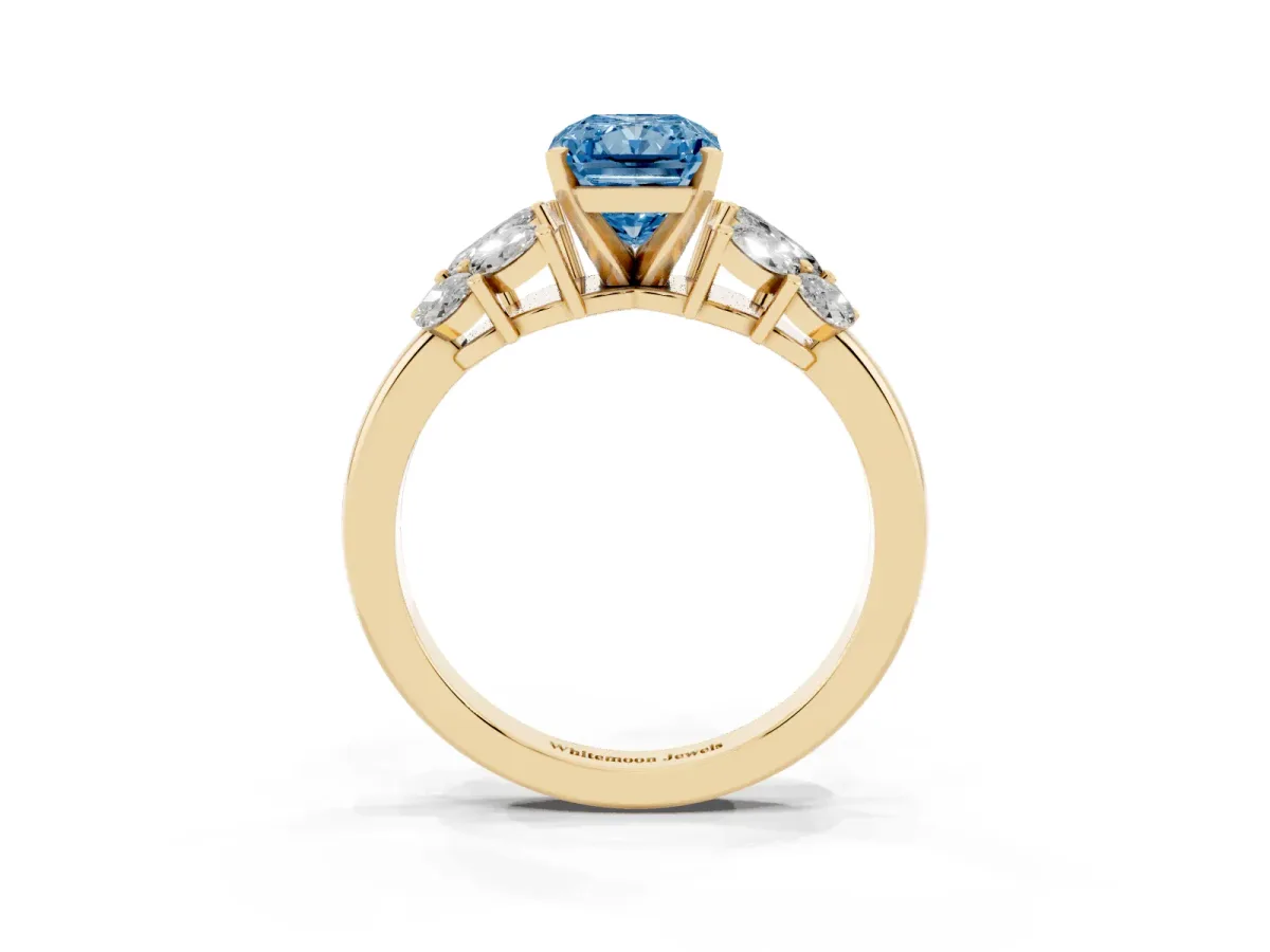 Fancy Blue Radiant Cut Diamond Cluster Leaf Design Ring with Prong Setting Yellow gold