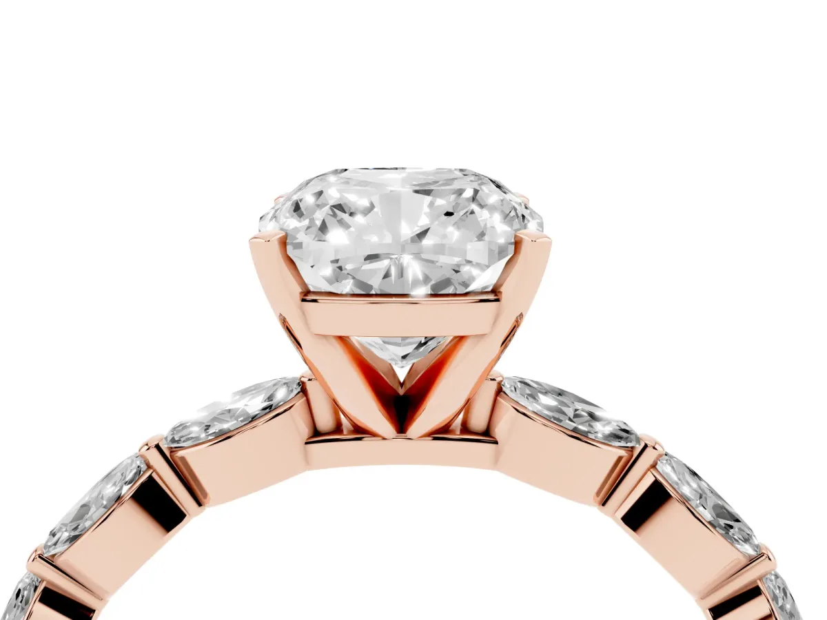 Cushion Cut Diamond Ring with Marquise Side Stones and Prong Setting Rose gold