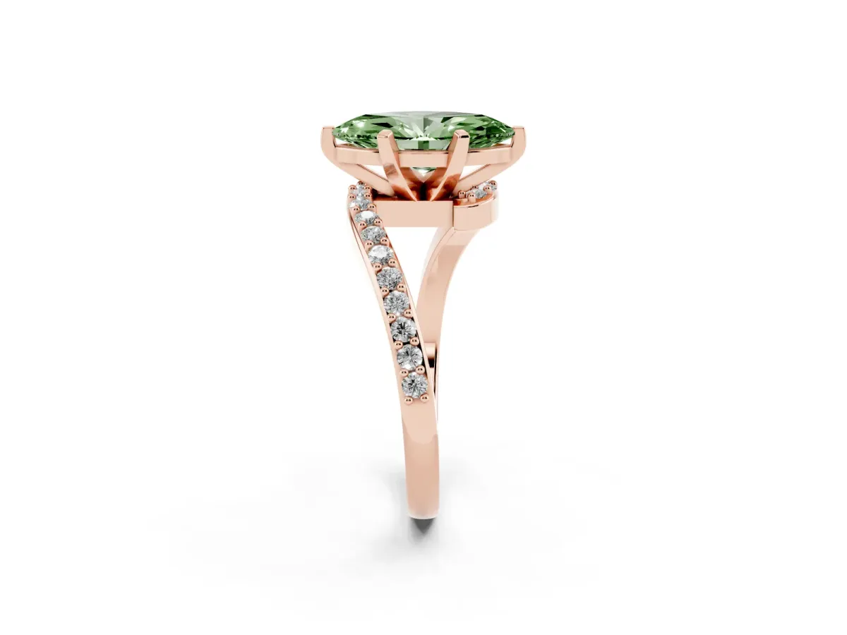 Fancy Green Marquise Cut Solitaire Twist Band with Pave Set Diamonds and Four-Prong Setting Rose gold